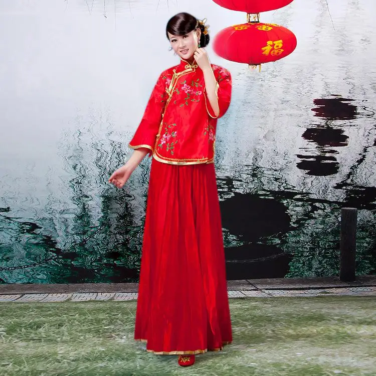 Желтый женский костюм с Чонсам с цветами классическое традиционное китайское свадебное платье подружки невесты вышитое платье-чанпао платья для девочек Hanfu комплект - Цвет: Red