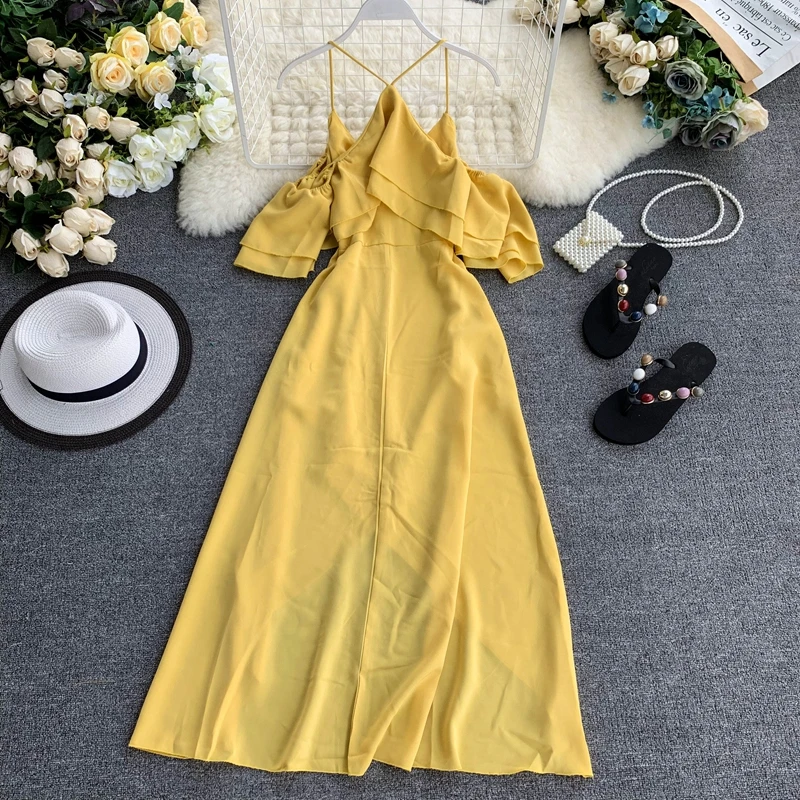 

Beach V-collar Ruffle High Waist Thin Irregular White Dress Women Short Flare Sleeve Sexy Elegant Vestidos Verano F814