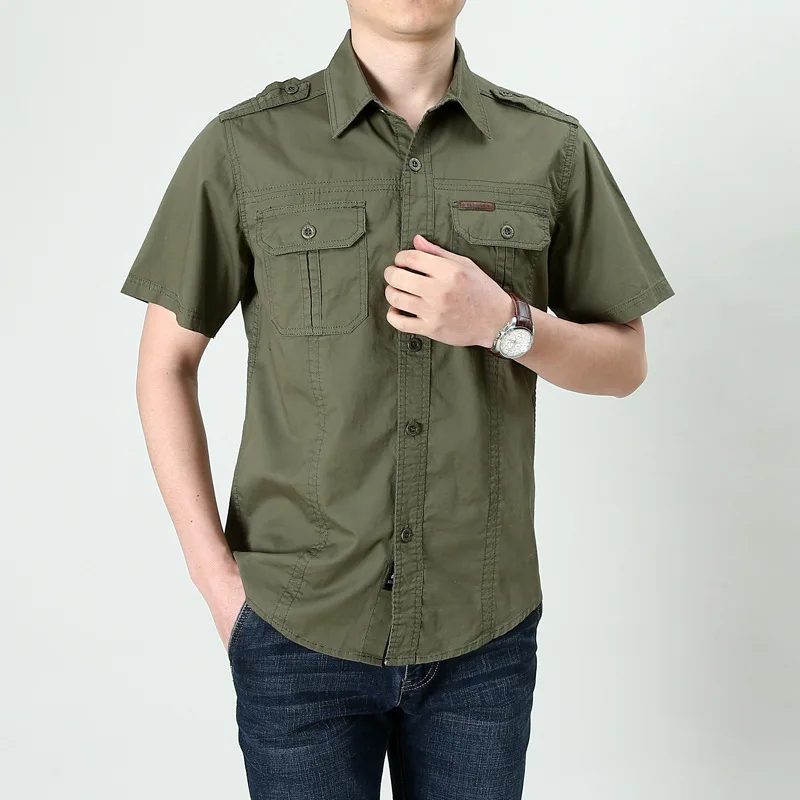 Большой размер 5XL мужская летняя рубашка с коротким рукавом Мужская Уличная походная спортивная рубашка из чистого хлопка дышащая Тактическая Военная рубашка - Цвет: Army Green