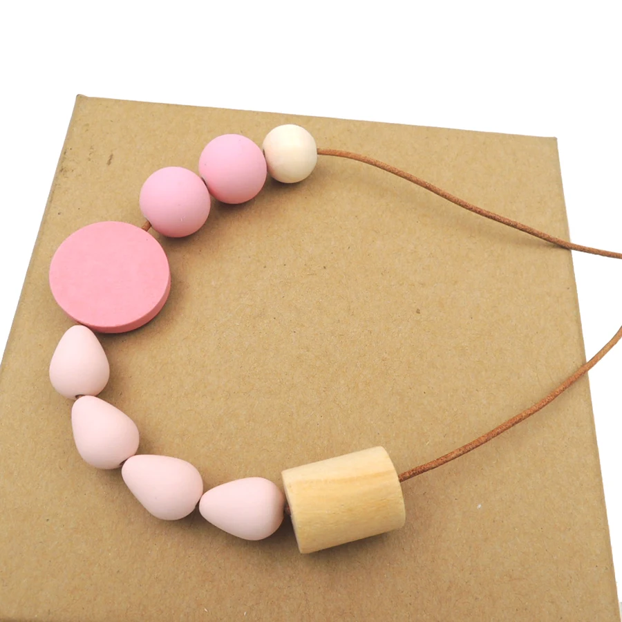 TEARDROP necklace with Geometric Beaded wood unique pink chunky statement tube ball NW070 |
