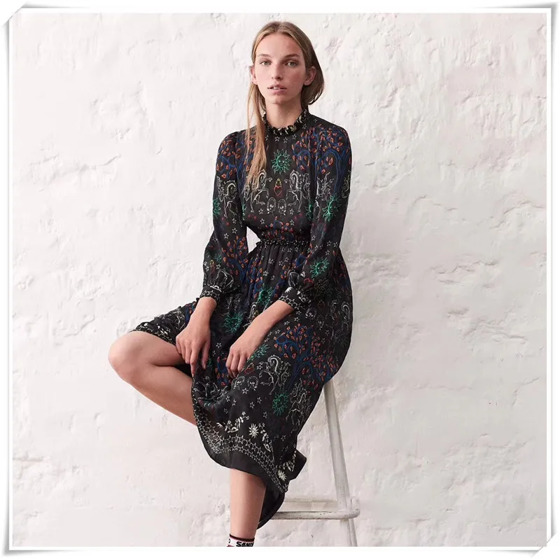 

2019 Spring and Summer Self-cultivating Fungus Edge Long Sleeve Floral Print Dress Women Dress
