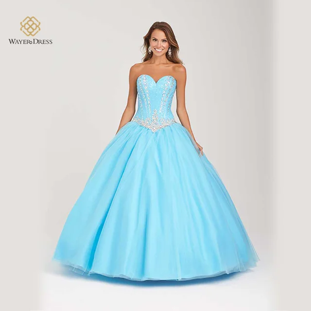 Sparkly Beaded Sweetheart Bodice Corset Light Blue Champagne Ball Gown