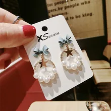 Корейская мода, новые жемчужные серьги-капельки с пятиконечной звездой, белые серьги с бантом и кисточками для ногтей, роскошные висячие серьги, ювелирные изделия для женщин