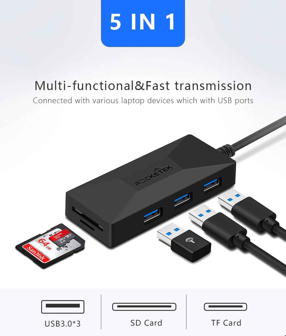 Rocketek usb-хаб с кардридером 3 порта USB 3,0 type c разветвитель Micro USB порт питания для ноутбука iMac