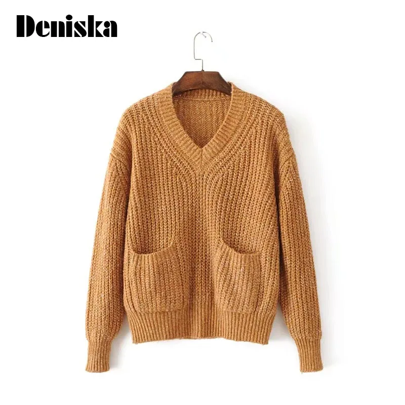 DENISKA women sleeve pullover female V collar Korean