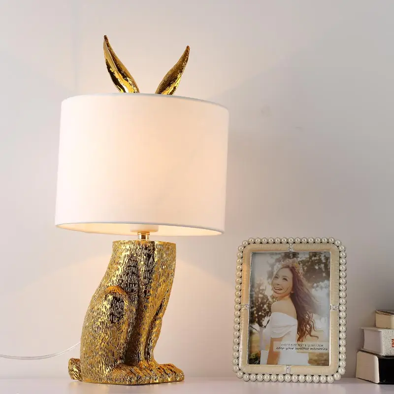 Maisonica 68cm Tall Gold Shy Cute Rabbit Hare Gold Bedside Buffet Lamp Light w Linen Shade E14 