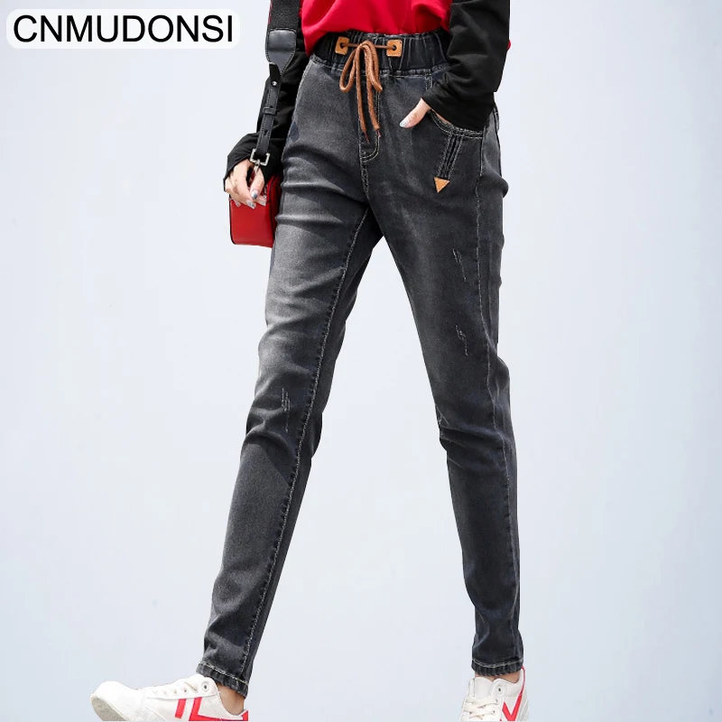 

CNMDONSI 2019 Elastic waist vintage Spring jeans female loose feet Drawstring jeans Casual harem pants streetwear women Vaqueros