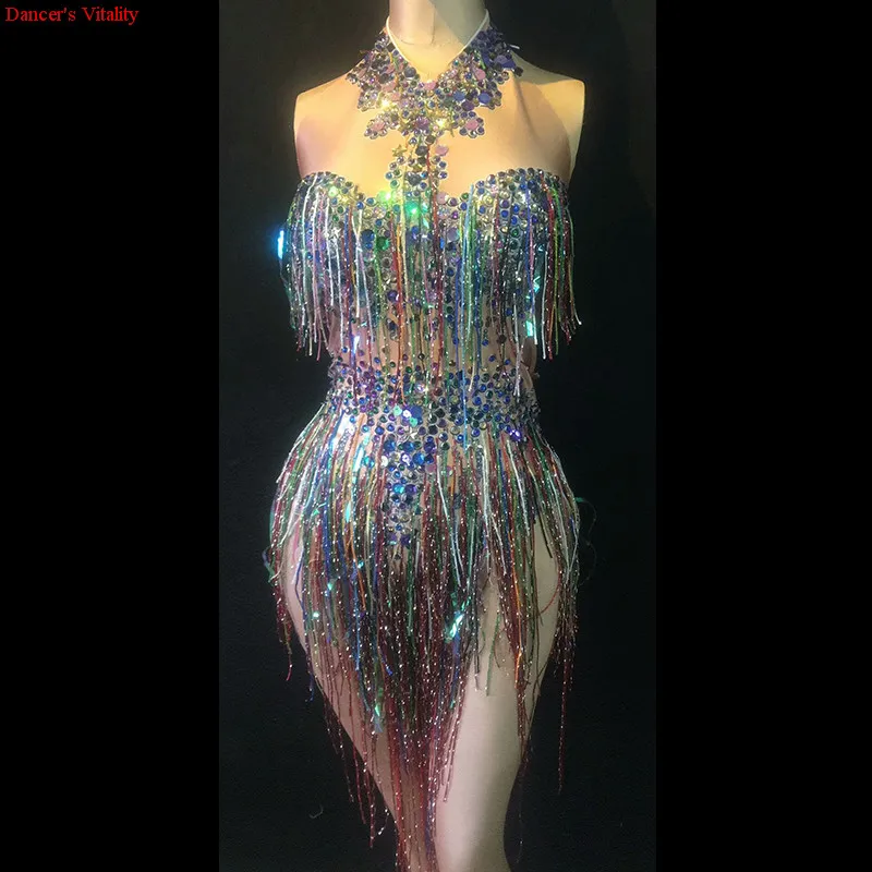 

DS Colorful Fringes Rhinestones Bodysuit Women Stage Dance Costume Nightclub Dance Female Singer Show Bright Leotard Dj clothes
