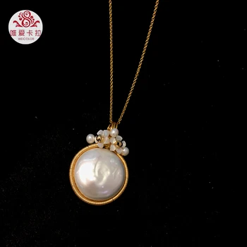 

WEICOLOR DIY Handmade Coin Shaped Freshwater Pearl Pendant With Small Shell Flowers, Gold Mixed Metal Free Nice Chain 18inechs