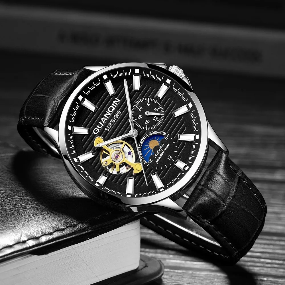 

Top Brand GUANQIN Mechanical Watches Men Tourbillon Automatic Watch with Moon phase 24hours Luminous Leather Mens Wrist Watch