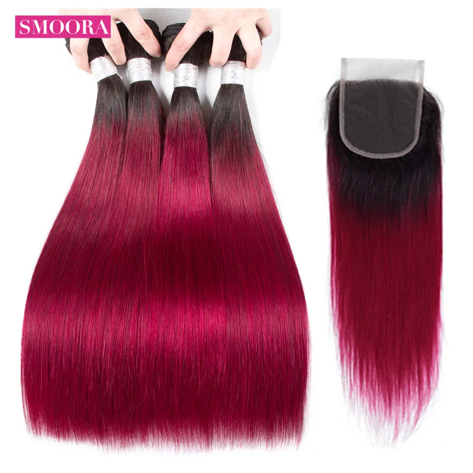 straight ombre hair 1b burgundy 4 bundle with closure free part 1