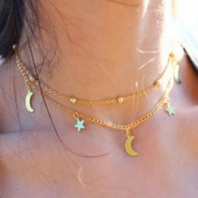 

Gold Color Star Moon Pendant Necklaces Women MultiLayer Round Beads Clavicle Chain Chokers Bohemian Fashion Jewelry Accessories