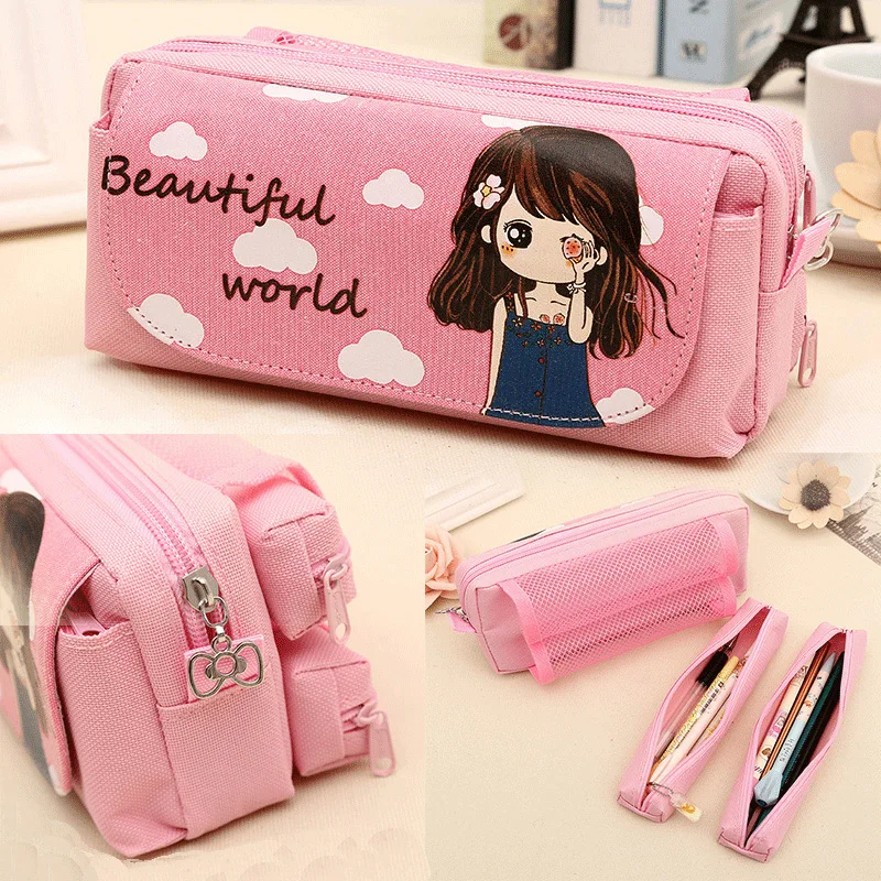 

Cute Kawaii School Bag Sweet Girl Pink Pencil Case Large Capacity Student Kids Gift Anime Cloth Cosmetic Bag Stationery Supplies
