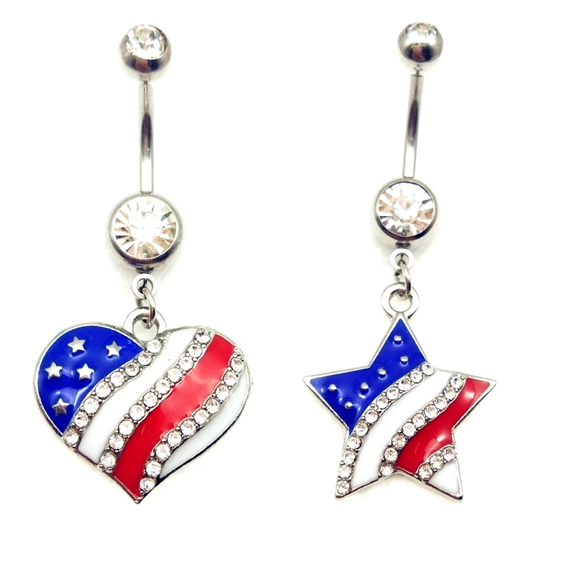LuckyJewelry Stainless Steel USA FLAG Dangle Belly Button Ring Bar