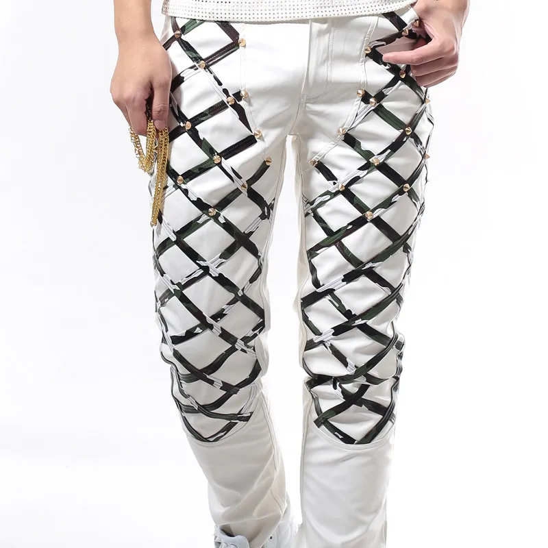 

Nightclub singer dj costume Male Novelty Camouflage Rivets Leather pants Men's ds punk slim trousers