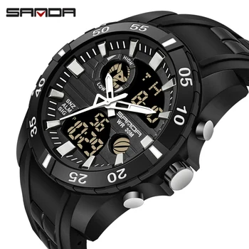 

Sanda 791 Sport Watch for Men Double Movement Chronograph Alarm LCD Male Clock 3ATM Water Resistant Black Wristwatches
