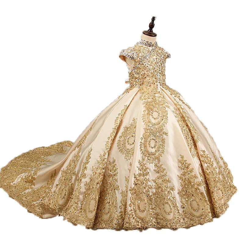 

Gold Beaded Lace Applique Flower Girl Dress for Weddings Satin Ball Gown Girl Communion Dress Pageant Gown with Train Any Size