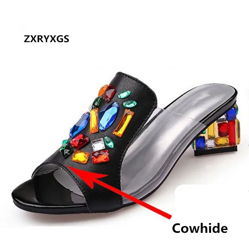 

Noble Elegant Summer Rhinestones Shoes Woman Slippers Sandals 2019 New Cowhide Leather Sandals Fashion Slippers Thick Heel shoes
