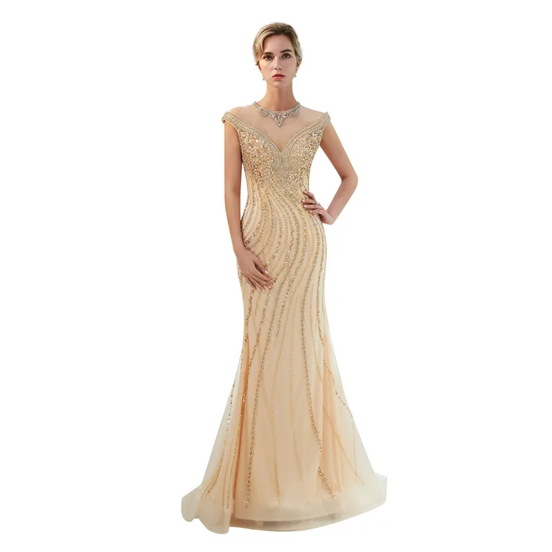 

High Quality Beading Diamonds O-Neck Cap Sleeve Mermaid Trumpet Dresses Floor Length Party Dress Robe de soiree Vestido de noche