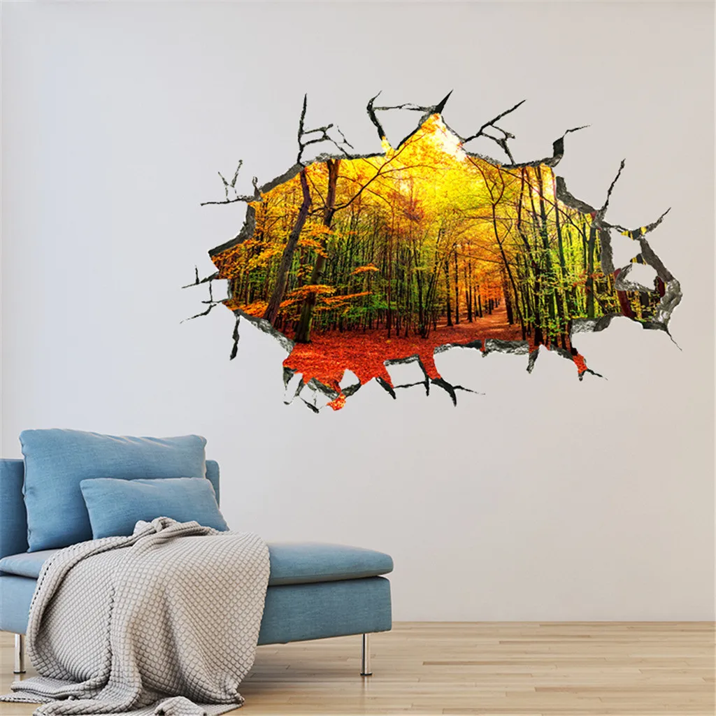 Nature Autumn Forests Landscape 3D Broken Wall Home Wall Sticker Modern