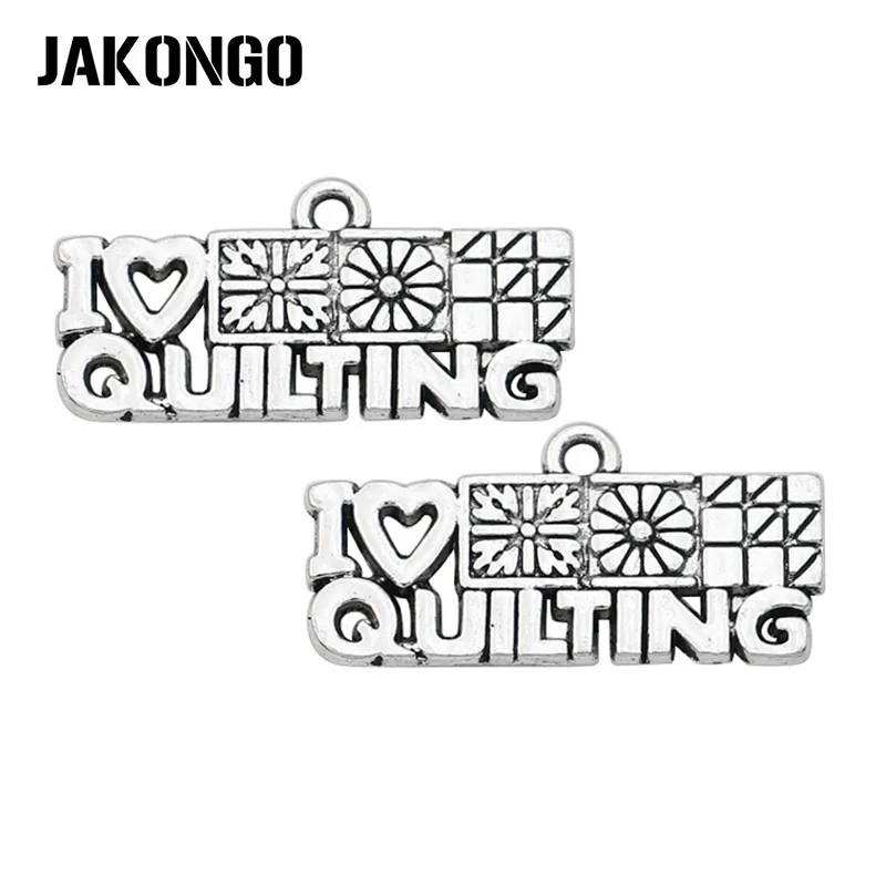 

JAKONGO Antique Silver Plated I Love Quilting Charms for Jewelry Making Pendant for DIY Bracelet Accessories 25mm*12mm 15pcs/lot