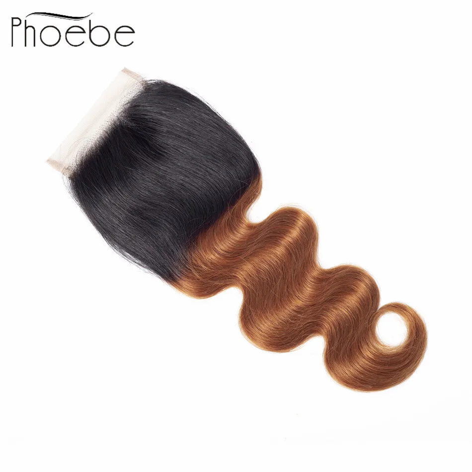 

Phoebe Hair Brazilian Body Wave Hair 100% Human Hair With One 4*4 Lace Closure Wave Pre-colored Ombre Color #1b/30 Non Remy