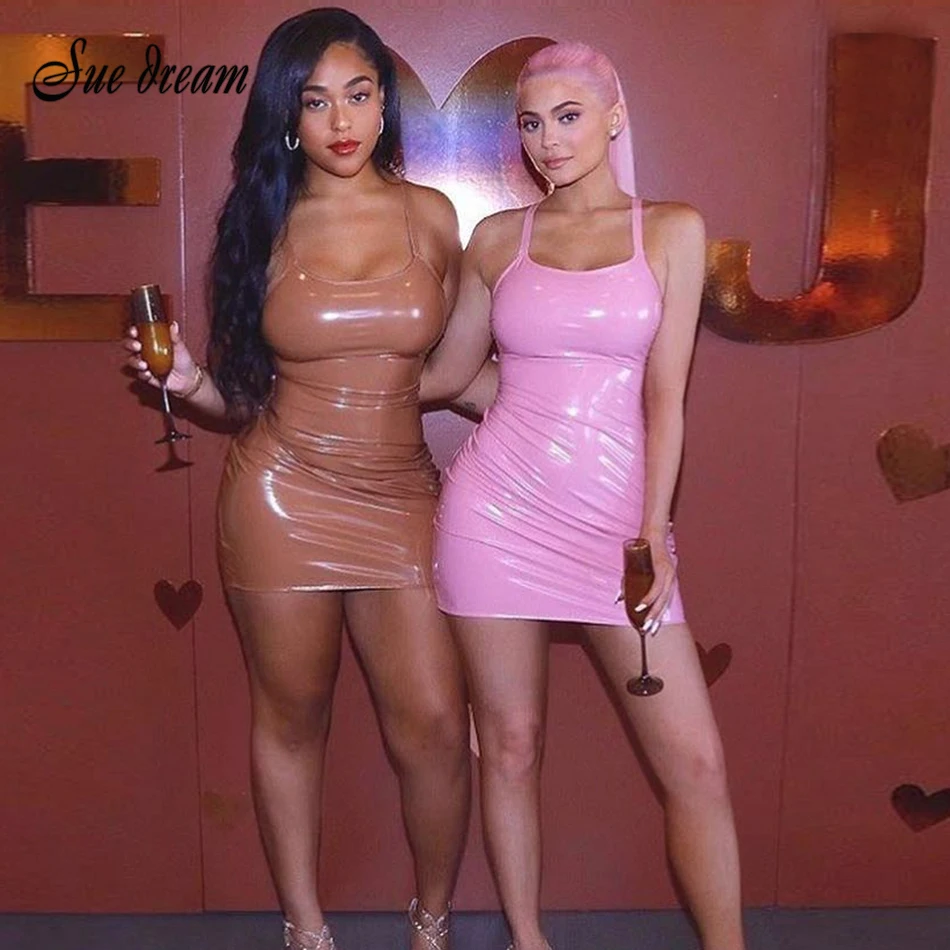

2018 fashion sexy women's mini dress women's latex clothing leather pink brown artificial thin strap dress wholesale