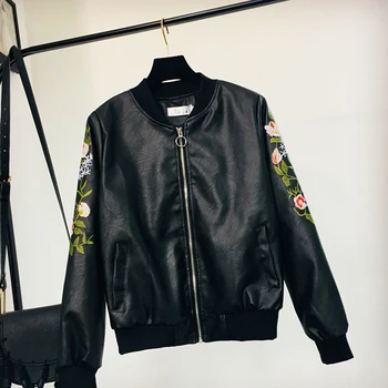 

Spring autumn 2019 women new Korean version collar loose thin pu leather jacket embroidery zipper Large size short coat lady