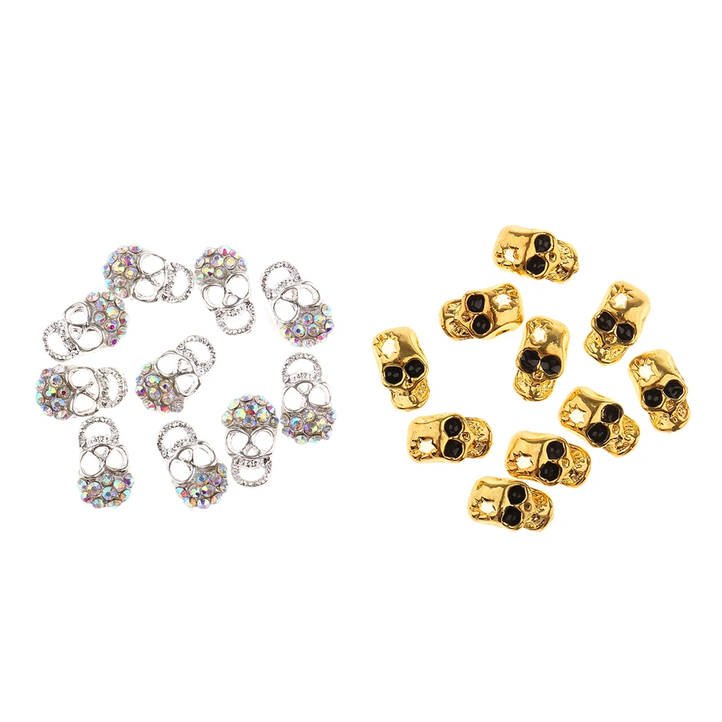 10x Skull Alloy 3D Rhinestone Crystal Nail Tips Stickers Metal Skull Glitter Nail Art Decoration Jewelry