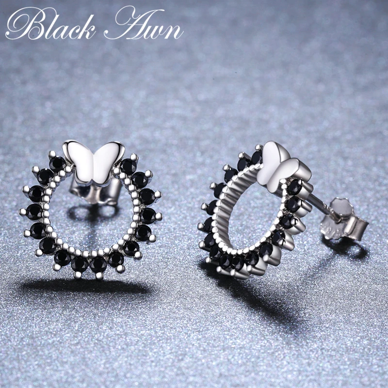 

Black Awn New 925 Sterling Silver Natural Black Spinel Round Butterfly Wedding Stud Earrings for Women Fine Jewelry Bijoux I099