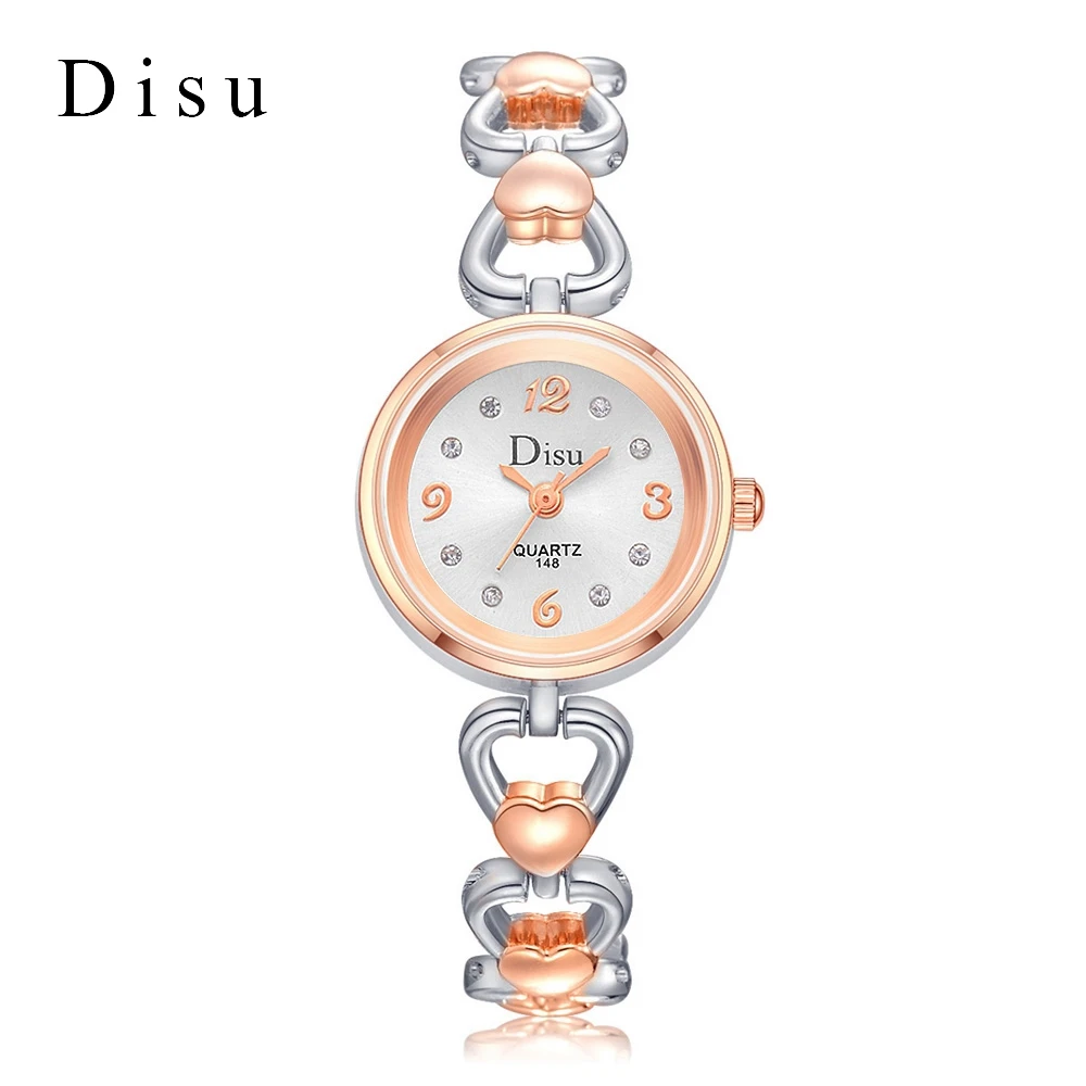 

DISU Top Brand Luxury Crystal Hollow Heart Watches For Women Rose Gold Color Female Party Wedding Jewelry Bracelet Wristwatch