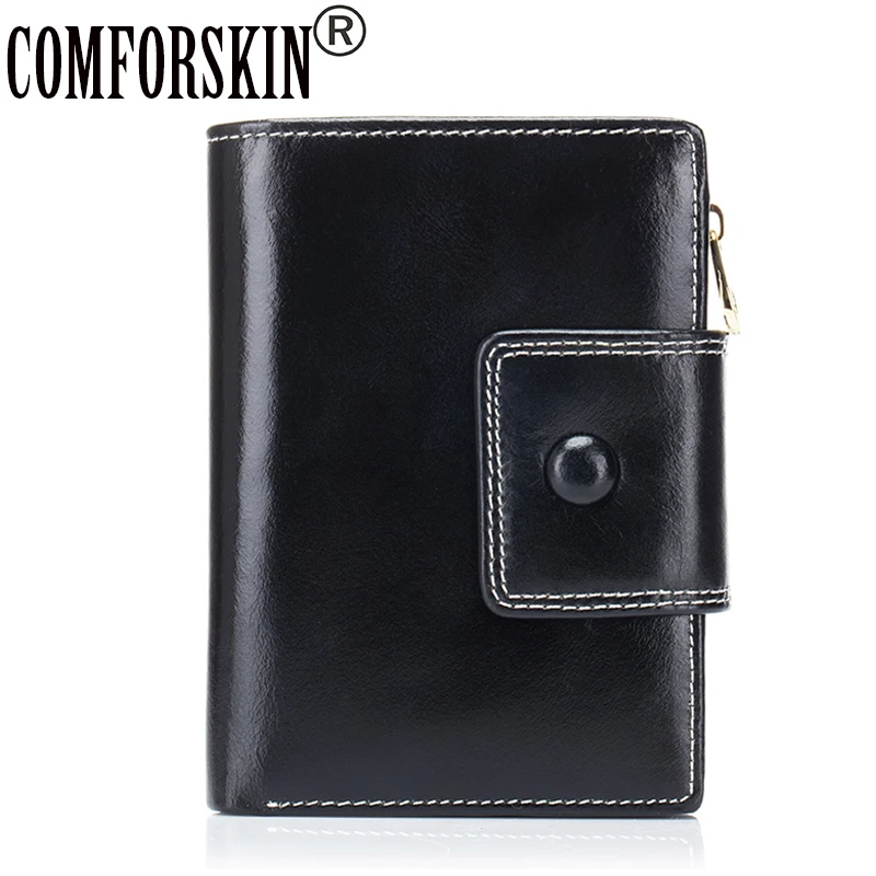 

COMFORSKIN Genuine Oil Wax Leather Carteras Mujer European and American Magnetic Buckle Women Wallets Two-fold Woman Wallet 2017