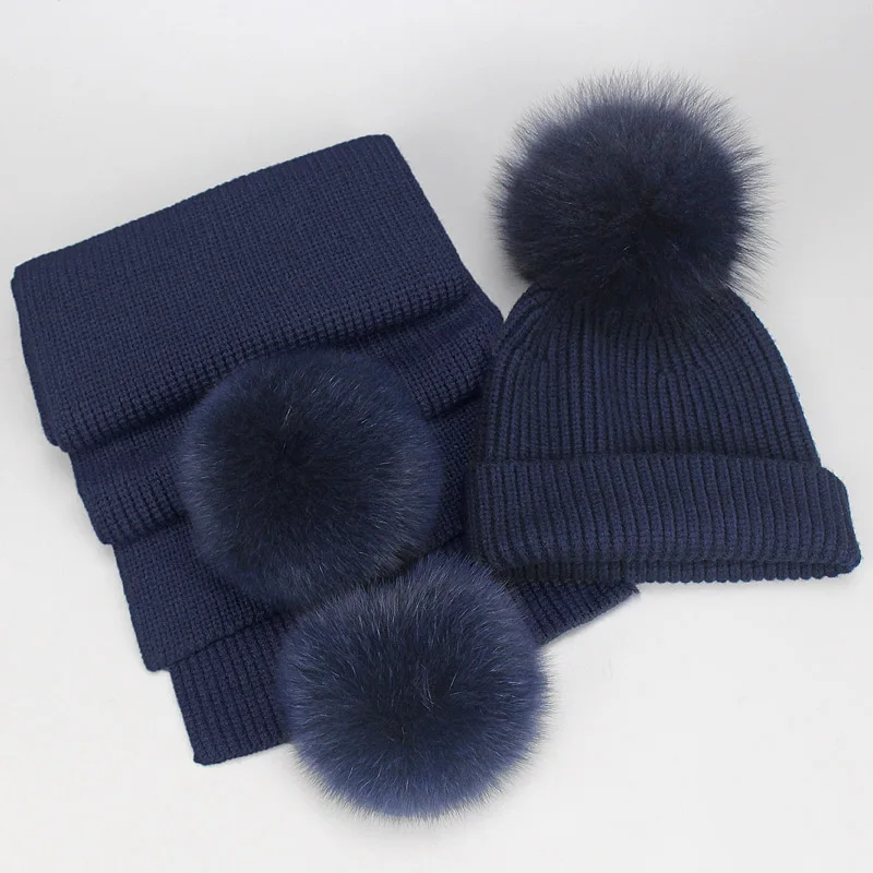 Winter Beanies Fox Pompom Fur Wool Knitted Hat The Female Of The Mink Caps Beanie Hats For Women Girl 'S Hats Scarves Cap Scarf - Цвет: Navy