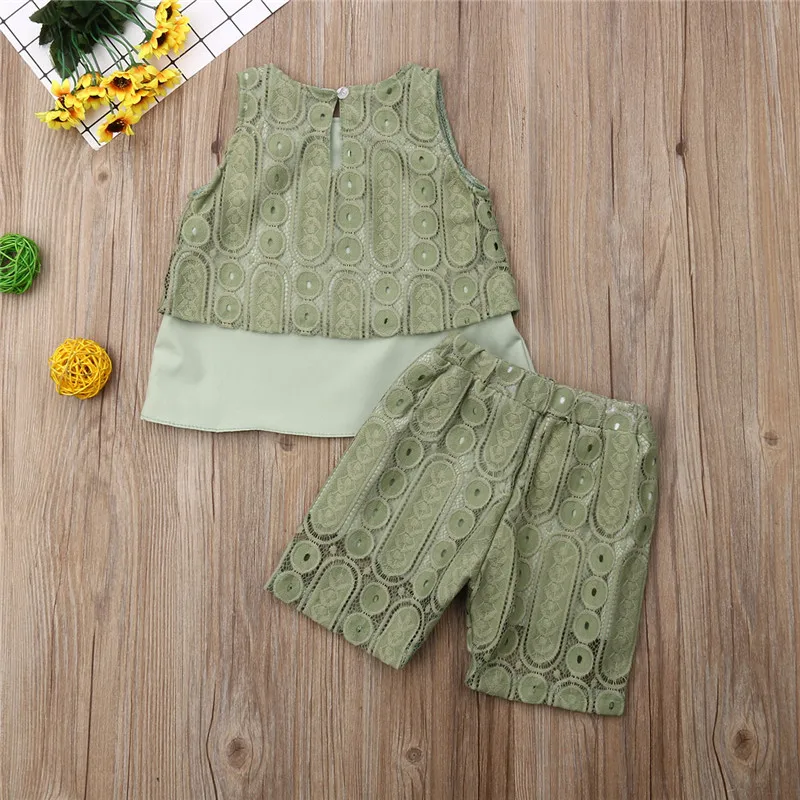 

1-6Y Summer Lovely Kids Baby Girl Clothing Sets Lace 2Pcs Sleeveless Flower Tank Tops Vest Elastic Waist Shorts Girl Outfits