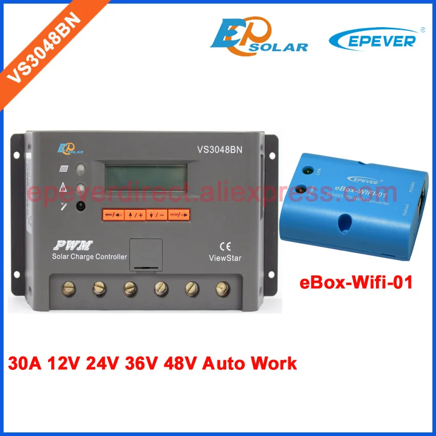 

48v PWM EPSolar battery charging regulator solar panel system use VS3048BN 30A 30amp with eBOX-Wifi-01 connect APP Mobile phone