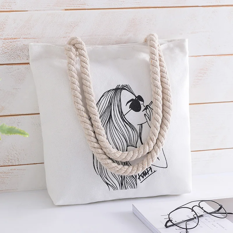 

Fashion Ladies Shopping Bags Large Capacity Summer Bag partysu Cartoon Girl Pattern Printed Straw Weave Canvas Rope Women Tote