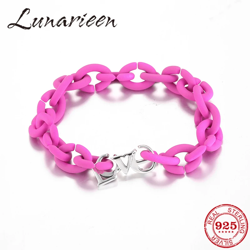 2019 925 Sterling Silver Pink Love charms beads Hard Rubber Bracelets for girls European style Jewellery Women Mens bracelets
