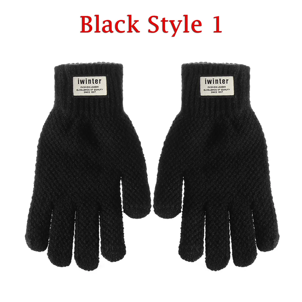 Вязаные перчатки для сенсорного экрана, зима-осень, мужские, высокое качество, мужские, утолщенные, теплые, шерстяные, кашемировые, одноцветные, перчатки, варежки, деловые перчатки - Цвет: Black 1
