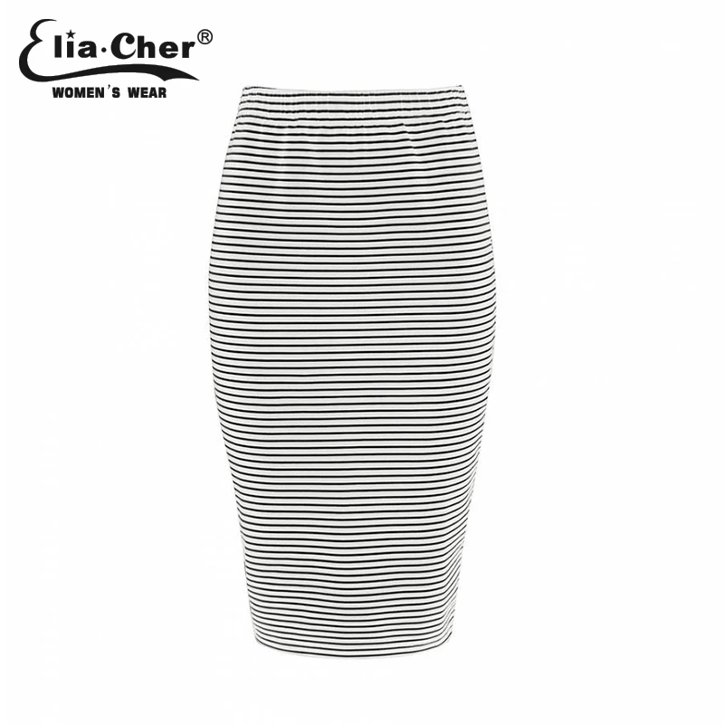 Elia Cher бренд лето сексуально черно-белые полосы карандаш юбки, качества ткани, большой размер женская одед полоса