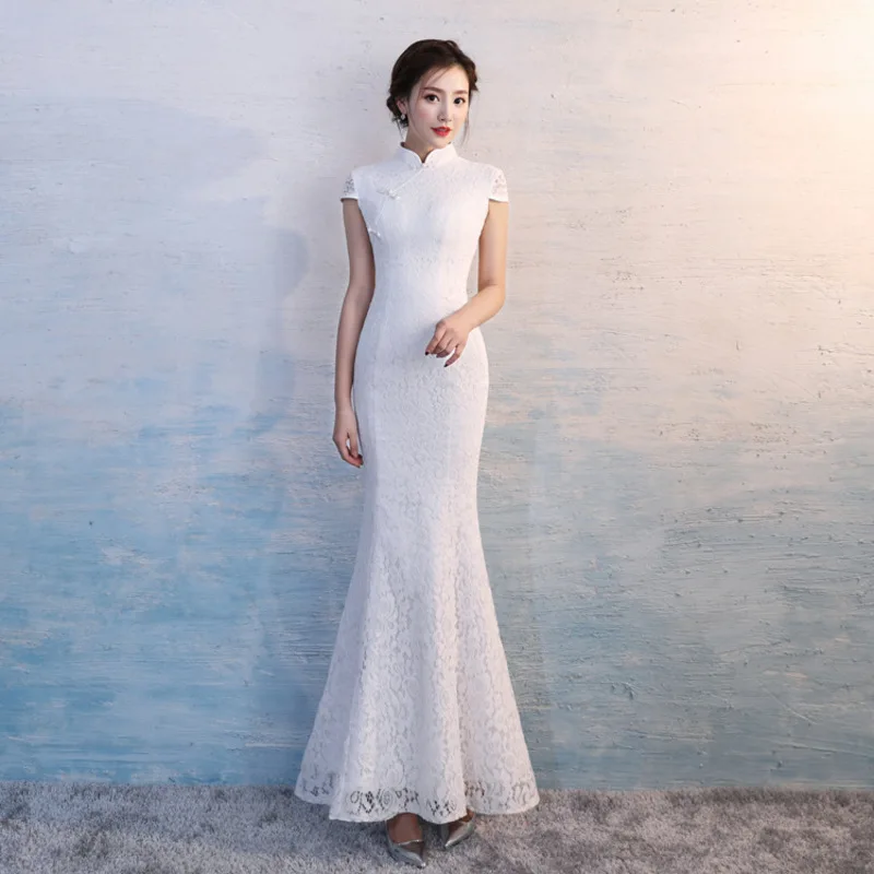 Кружево Cheongsam сексуальное Белое Qipao длинное традиционное китайское свадебное Vestidos Festas Casamento Восточный стиль платья халат Qi Pao