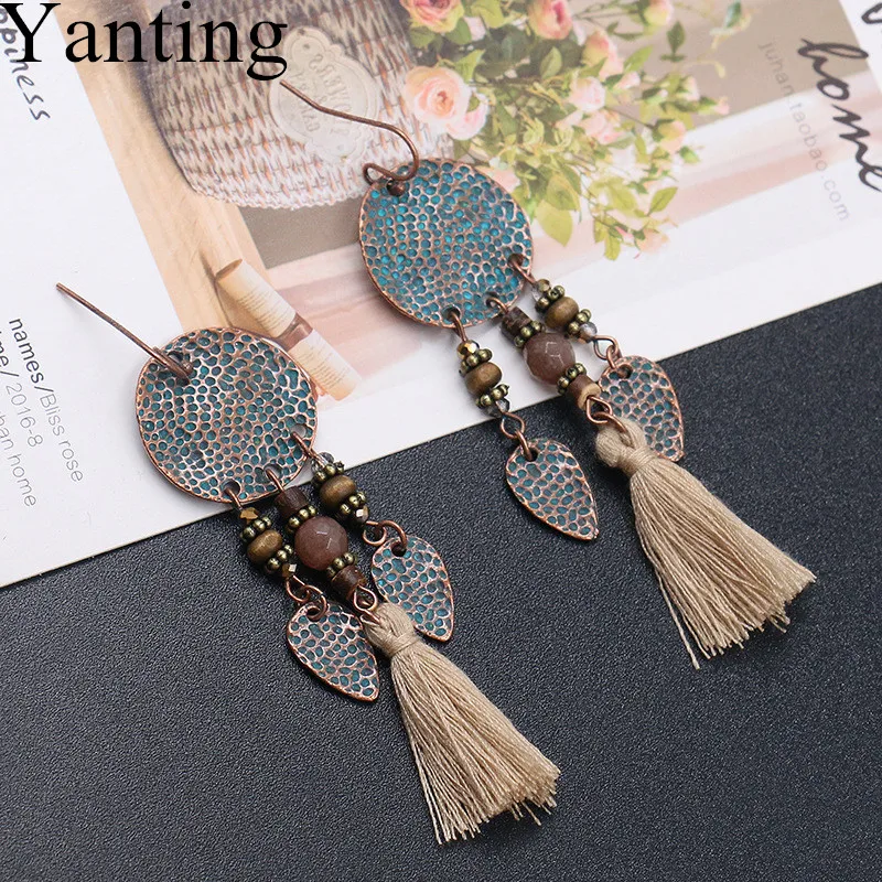 

Yanting Ancient Copper Color Long Earrings Brincos Alloy Leaf Pendant Earrings For Women Vintage Boho Tassel Earings New 0159