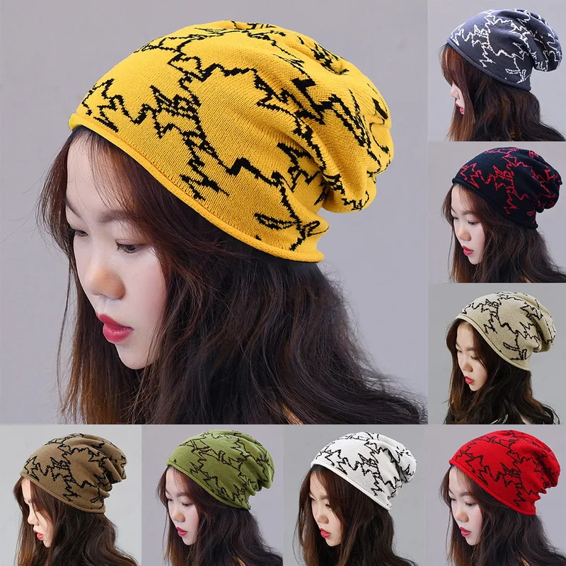 

Adisputent Beanie Hat Autumn Winter Stretch Gorro Warm Knit Leaves Patterned Hat Soft Skull Cap Comfortable Woolen Cap