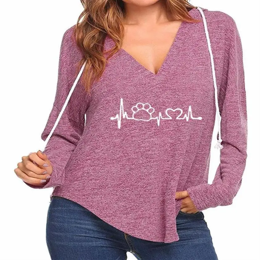 

Paw Letters Print Hoodies For Women V-Neck Hoodies Sweatshirt Femmes Kawaii Tops Hoodies Print Pockets Clothings Thick Plus Size