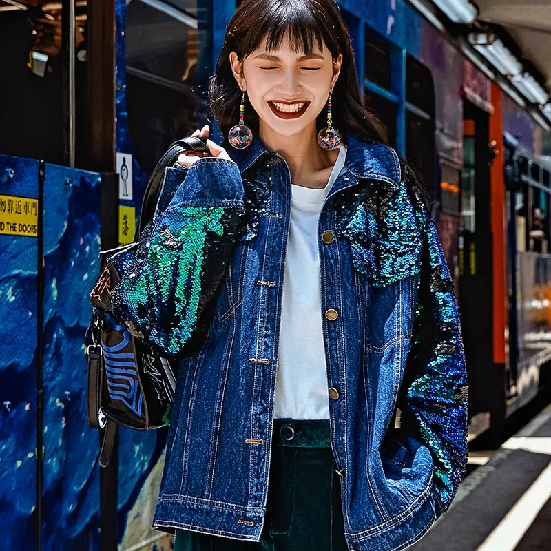 Denim Droite souris Style Street Originale High Conception Des Lâche Manteaux Nouveau A8018 Blue Spliced Coton Paillettes Manteau Femmes Chauve Chic De Manches qCvnx