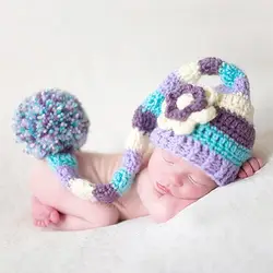 Детская фотография Реквизит новорожденный fotografia костюм ребенок помпон шляпа с длинным хвостом милый вязаный крючком малыш шапочка