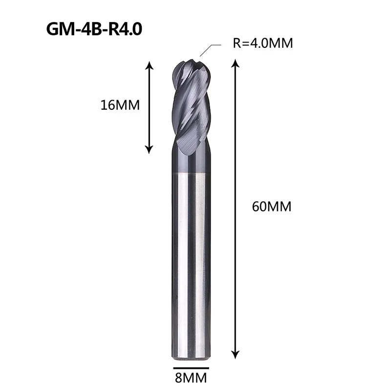 1 шт. GM-4B твердого карбида вольфрама 4 флейты сферическая Концевая фреза с ЧПУ Фрезерный резак режущие инструменты для обработки металла профиль HRC45 - Длина режущей кромки: GM-4B-R4.0