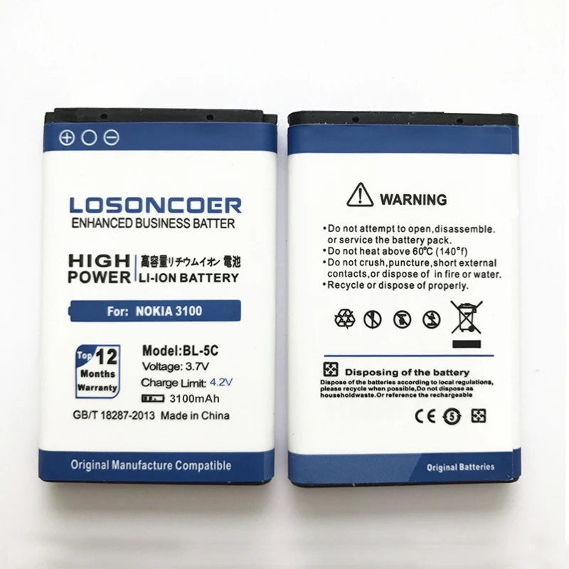 losoncoer 3100 мА/ч, BL-5C Батарея для Nokia1100 6600 6230 C2-06 X2-01 6230i 1108 1112 1116 1200 1208 1209 N70 N71