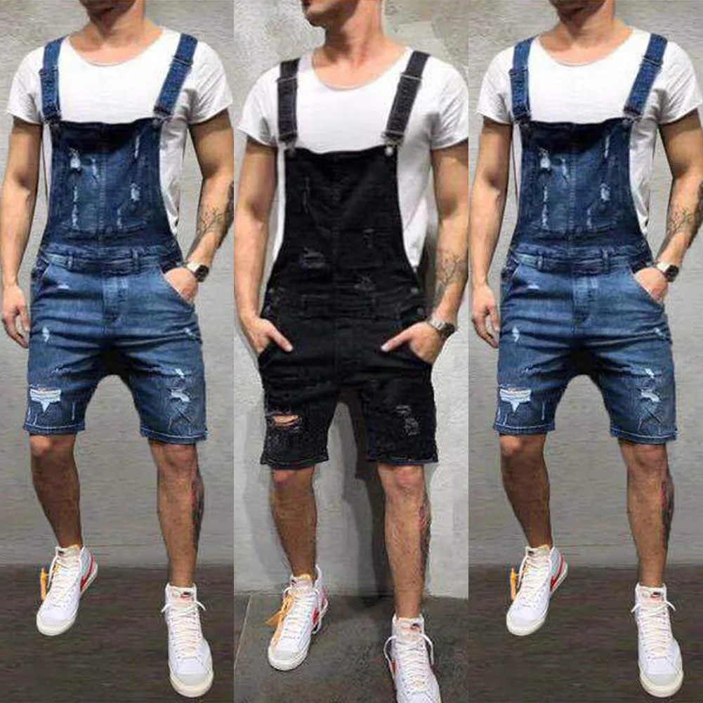 Men Pencil Pants Ripped Bib Jumpsuit Suspender Overalls Male Solid Summer Pants Overall