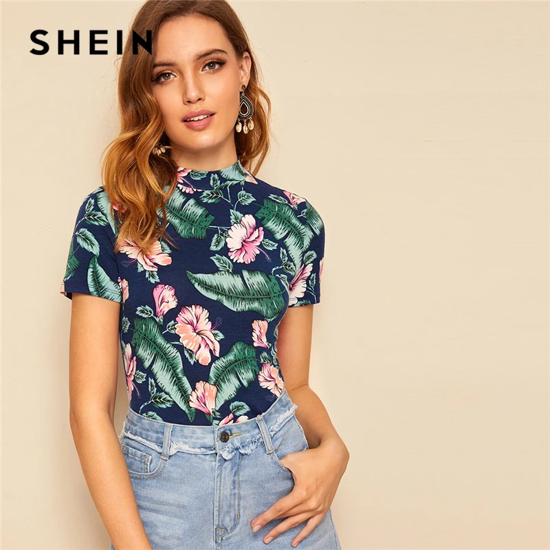 

SHEIN Multicolor Mock Neck Tropical Print Tee Casual T Shirt Women 2019 Summer Short Sleeve Workwear Slim Fitted Tshirt Tops