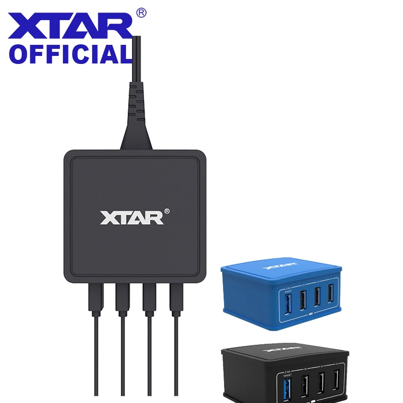 XTAR 4U 27 Вт 4-портовое USB зарядное устройство Max 2.4A Быстрая зарядка черный синий Зарядка 4 USB устройства 100-240 В AC Вход XTAR зарядное устройство s